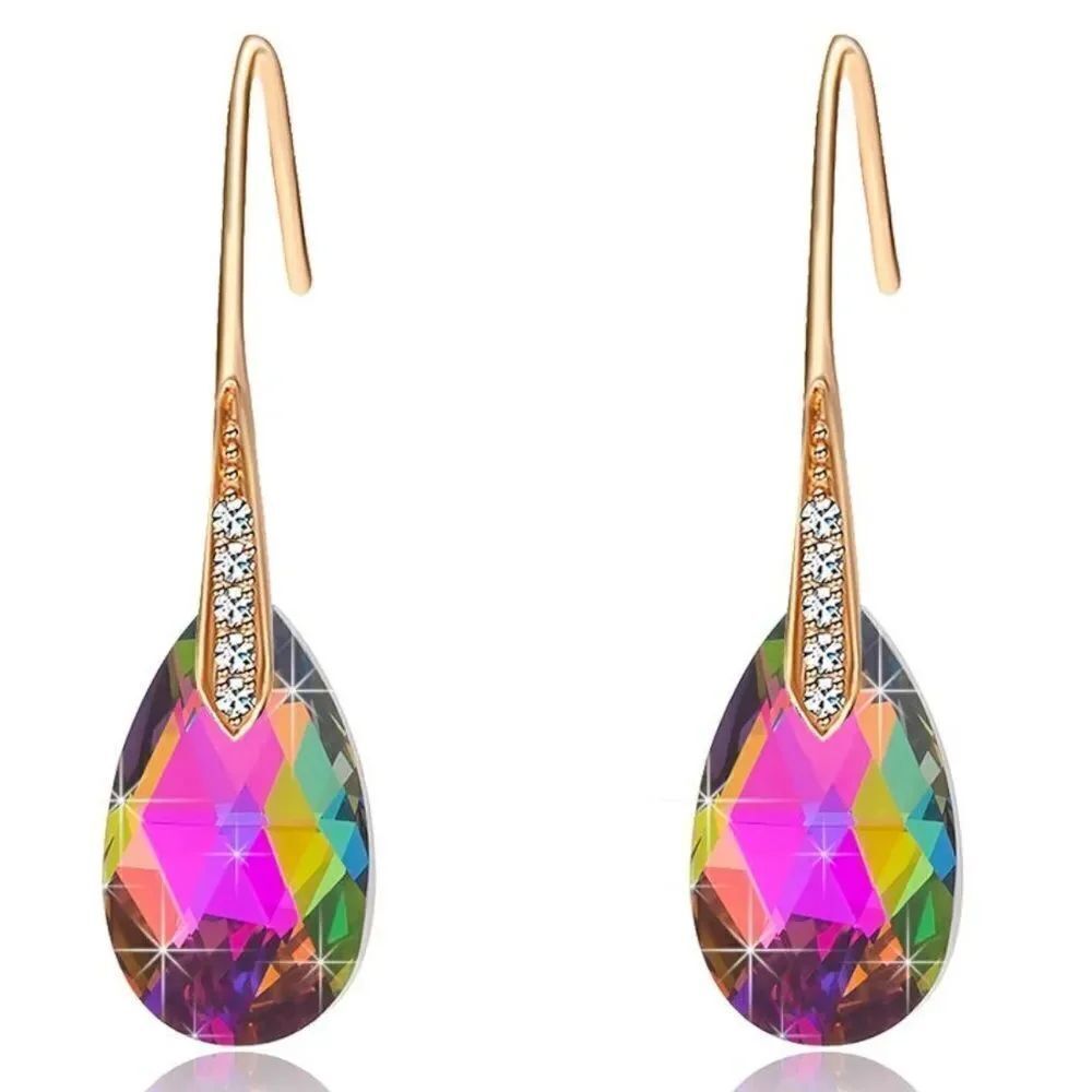 14K Yellow Gold with Vitrail Medium Austrian Crystal Teardrop Drop Hook Earrings